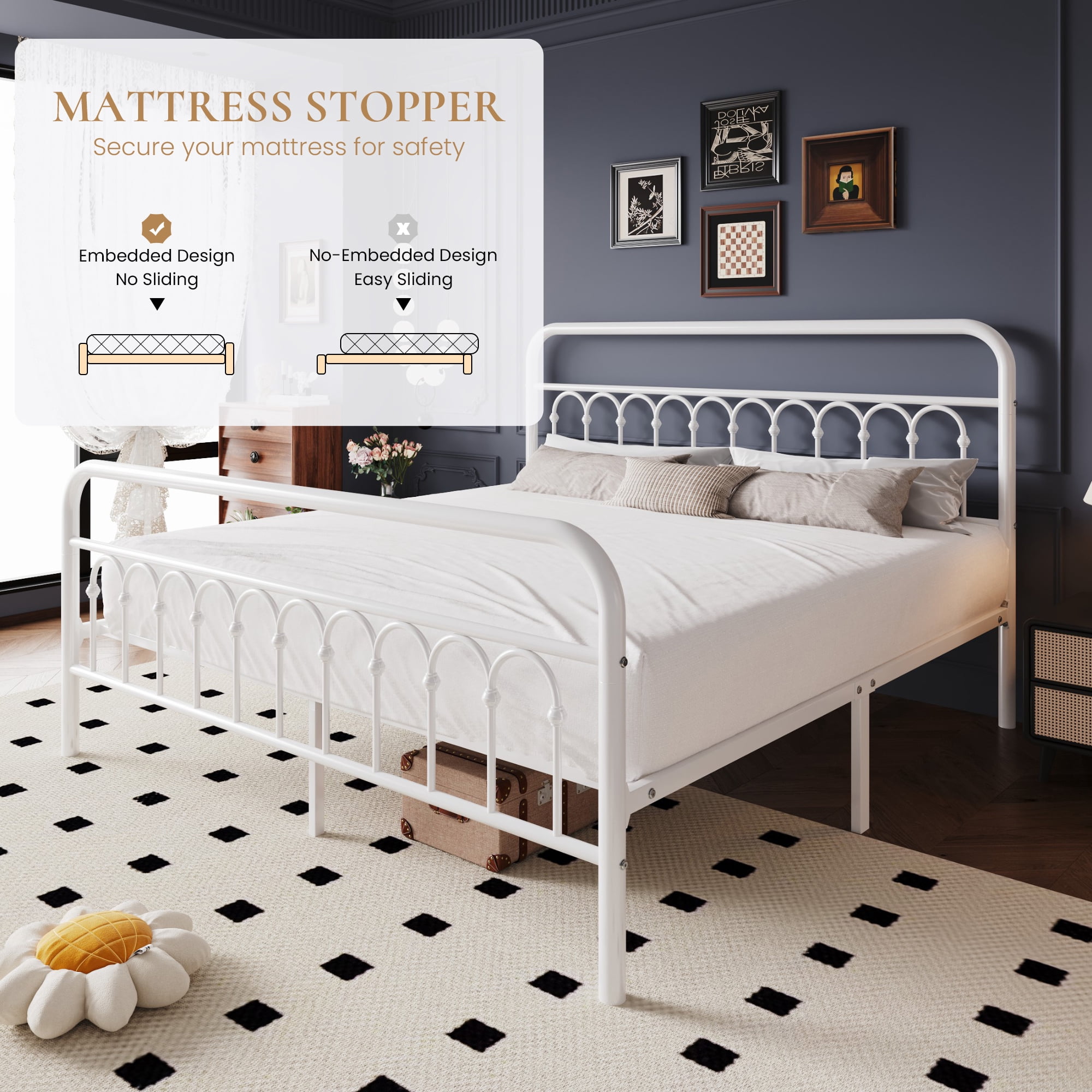 SHA CERLIN King Size Metal Platform Bed Frame with Headboard and Footboard, Iron Arch Finish, No Box Spring Needed, White