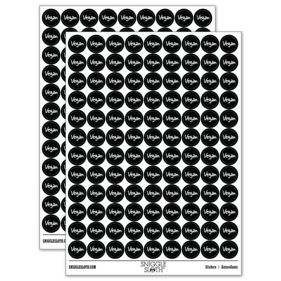Vegan Text 200 Round Stickers - Black - Gloss Finish - 0.50" Size