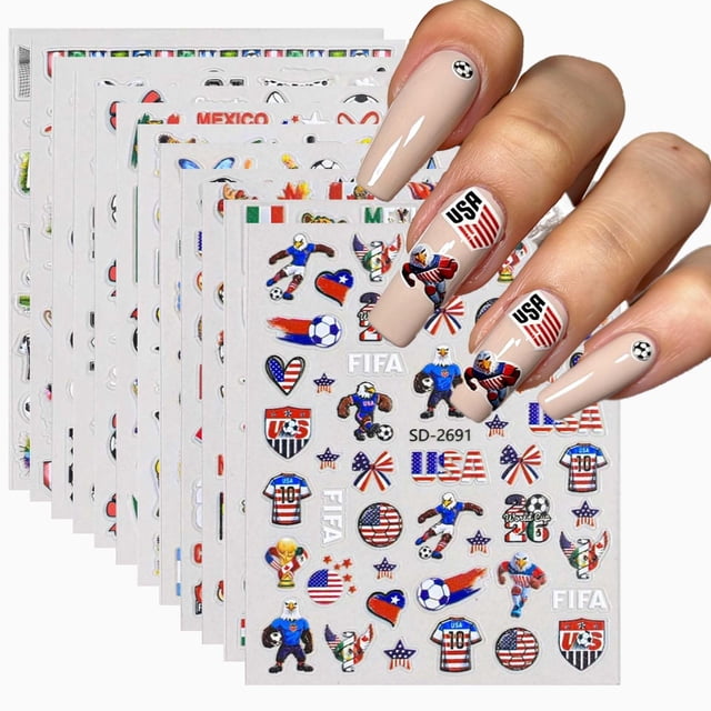 Adhesivos para uñas Sevgob 5D con estampado de la Copa del Mundo de Fútbol, 12 unidades