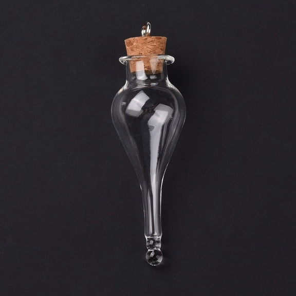 6 pc Teardrop Glass Cork Bottle Big Pendants Glass Empty Wishing Bottle Charm with Platimen Tone Iron Loops Clear 9.1cm Hole: 5mm