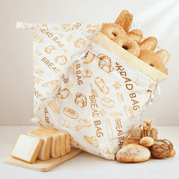 2 Pack Reusable Beeswax Bread Bag with Zipper, New Upgraded Bread Bags for Homemade Bread, Bread Bags for Homemade Bread Sourdough, Natural Cotton Food Storage Bags, Large Capacity, Refrigerable