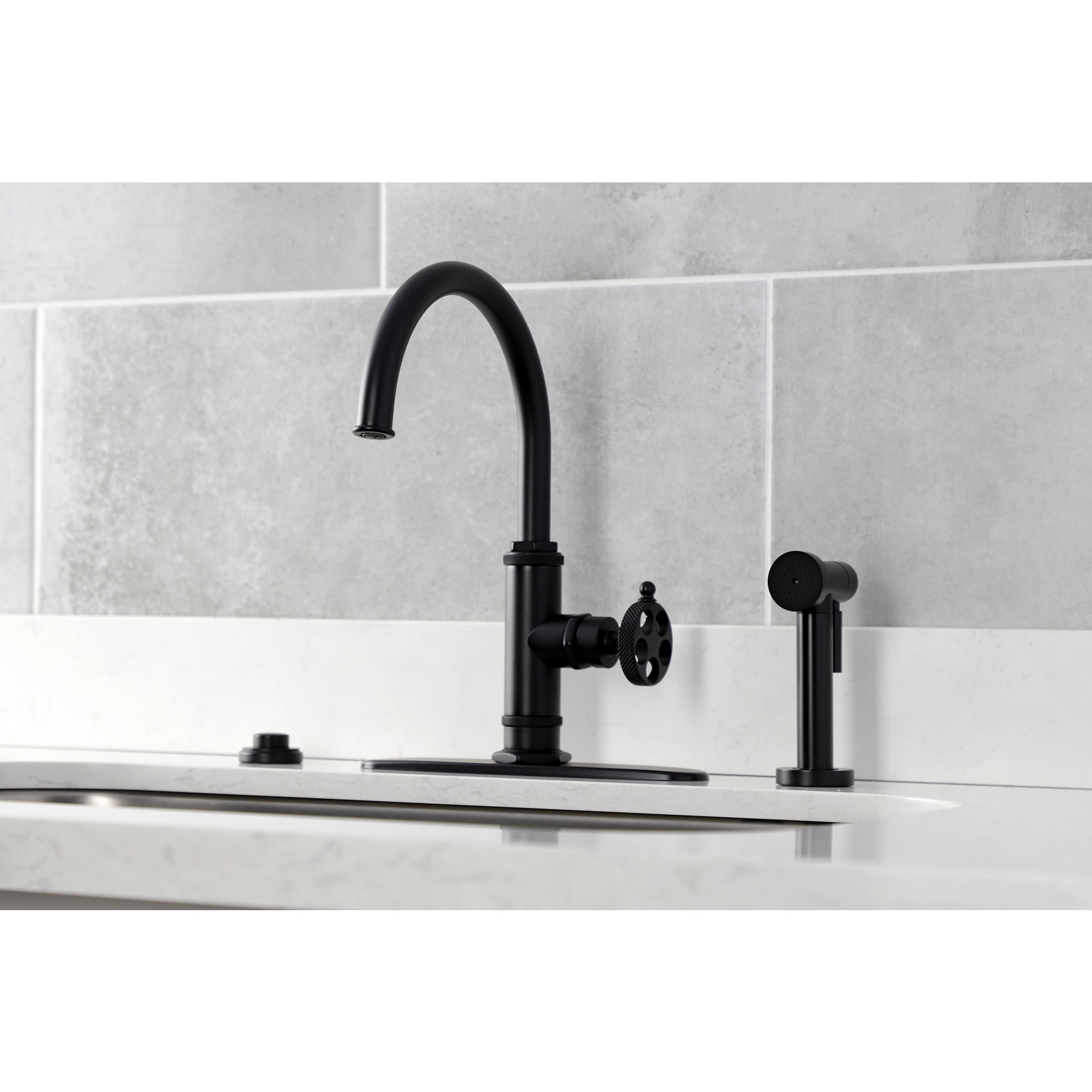 Kingston Brass KS2430RKX Webb Single-Handle Kitchen Faucet with Knurled Handle and Brass Side Sprayer, Matte Black