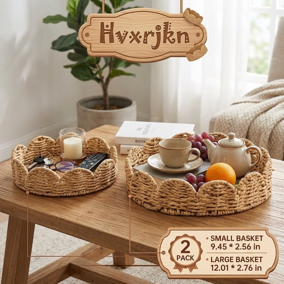 2Pcs Scalloped Basket Scalloped Edge Round Tray Hand Woven Basket Decorative Braided Serving Tray Table Trays for Coffee Table Home Decor
