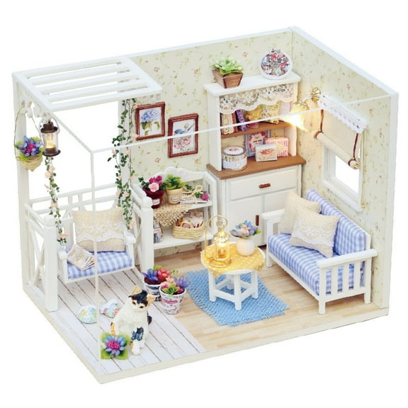 Miniature Dollhouse DIY Set with Decoration Furniture and LED Lights, Kitten Diary Style, 1;24 Scale DIY Dollhouse