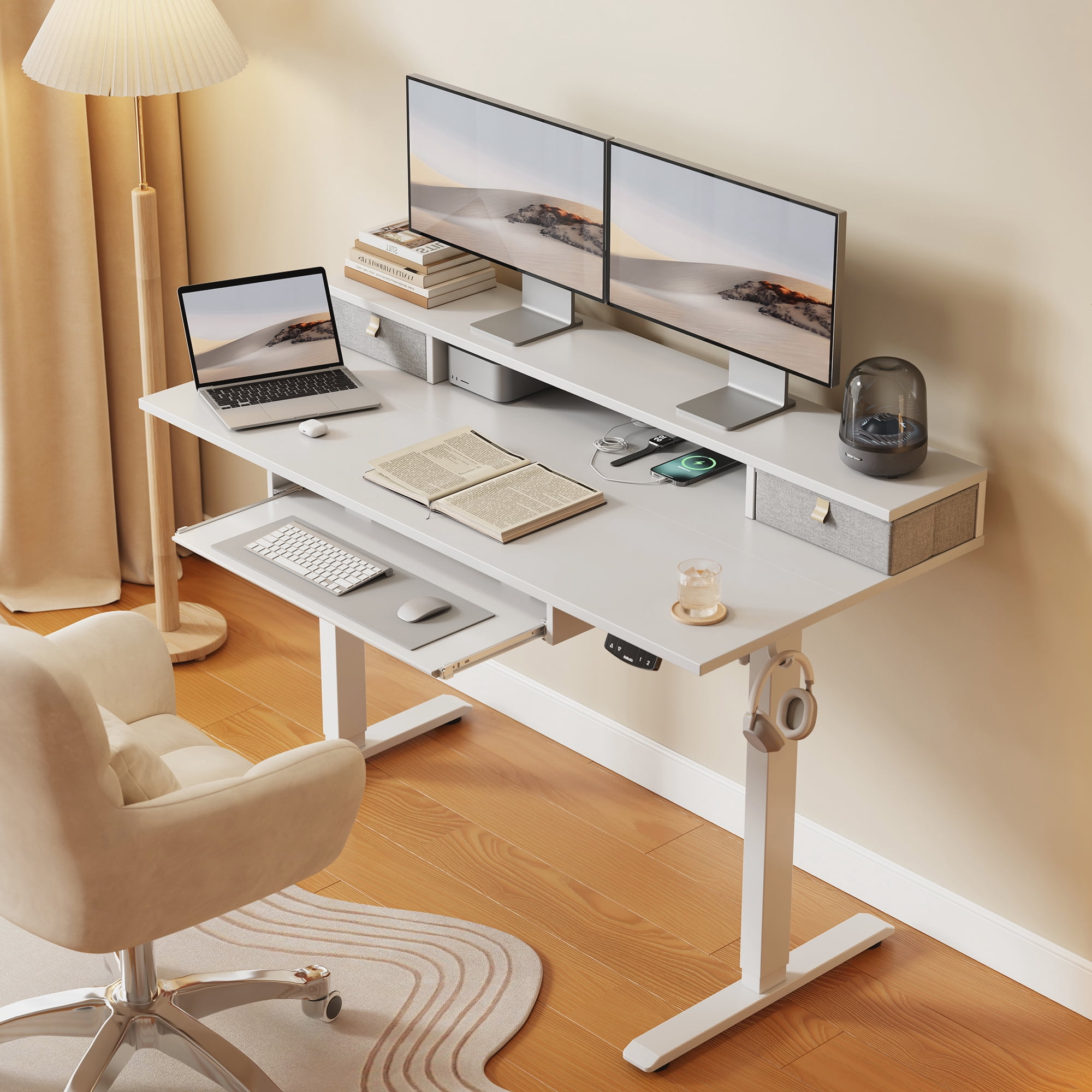 55.1 Inch Electric Standing Desk with 2 Drawers & Keyboard Tray, Adjustable Home Office Desk Ergonomic Sit to Stand Computer Desk with Hooks for Gaming & Work,White