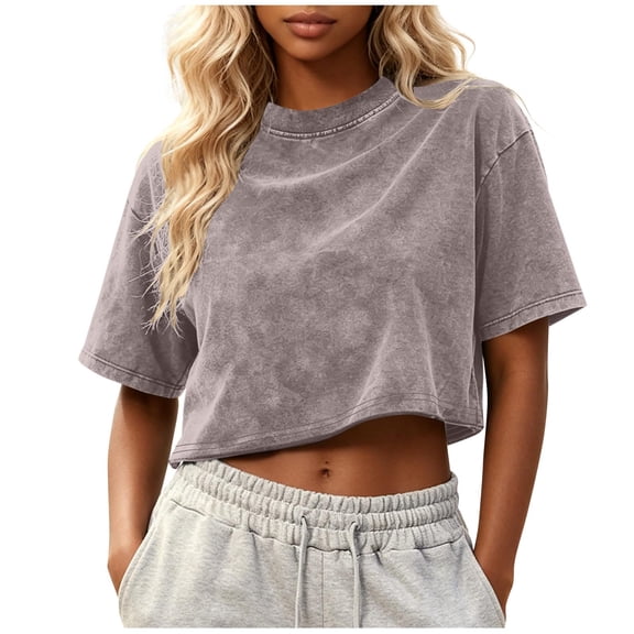 ShiShine Womens Oversized Short Sleeve Cropped T Shirt Retro Crew Neck Crop Top Casual Loose Fit Summer Basic Daily Outfit Tees