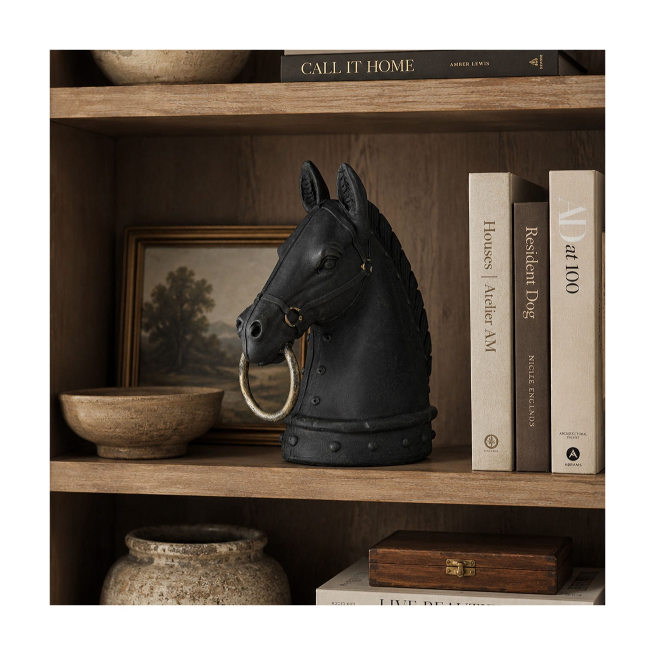 9" x 12" Black Polystone Antique Style Head Horse Sculpture with Hitching Post and Gold Accents, by DecMode