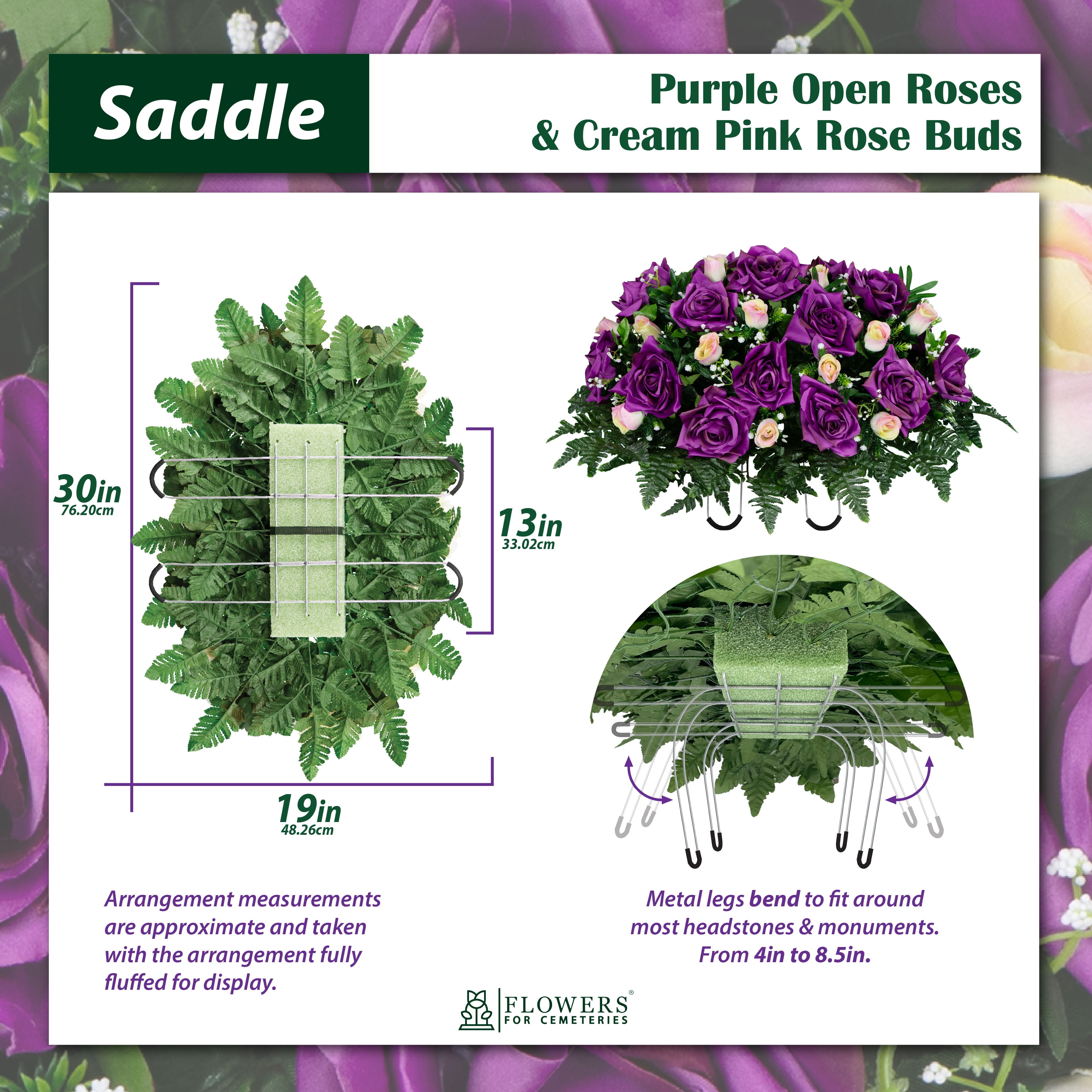 Sympathy Silks Artificial Cemetery Flowers - Purple Open Roses and Cream Pink Rose Buds - Outdoor Saddle for Headstone