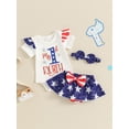 thumbnail image 3 of Musuos Baby Girl 4th of July Outfit, 3M 6M 12M 18M Letter Print Short Sleeve Romper Elastic Waist Skirt Shorts Bow Headband Summer Set, 3 of 10