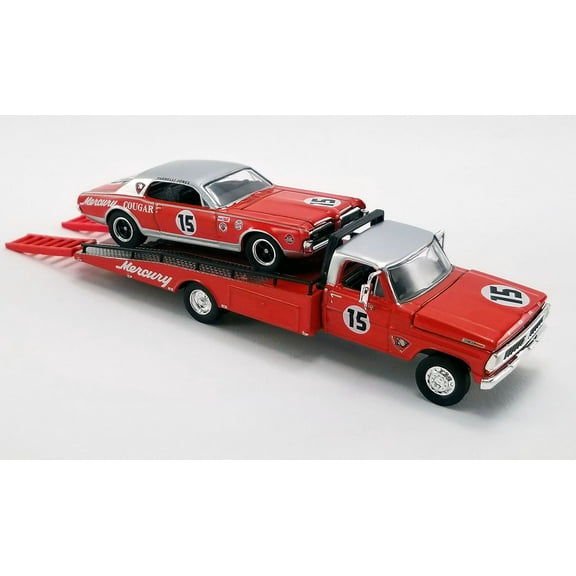 1967 Mercury Cougar and Parnelli Jones Ford F-350 Ramp Truck with #15, Red and Silver - Greenlight 51343 - 1/64 scale Diecast Model Toy Car
