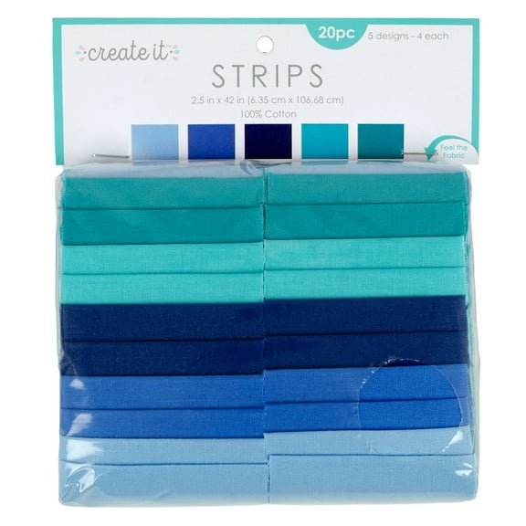 Create It 2.5"x42" Cotton Solid Blue Precut Strips, Multicolor 20 Piece