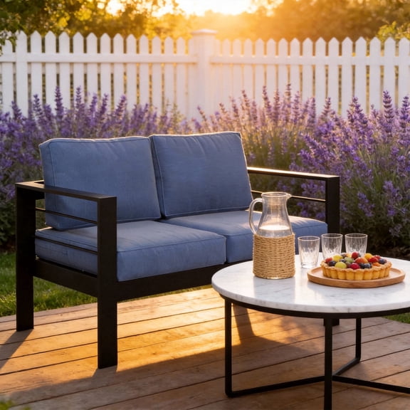 KIOOTTO Estate Collection: 50" (127cm) Wide-Body All-Weather Aluminum Patio Loveseat, Obsidian Black Frame with Mediterranean Indigo 5" Thick Olefin Cushions, Ultra-Deep 27.5" Luxury Outdoor 2-Seater