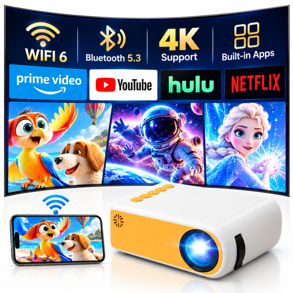 Mini Projector with WiFi and Bluetooth, 1080P Portable Movie Projector with HDMI USB Type-C for Phone, TV Stick and Laptop