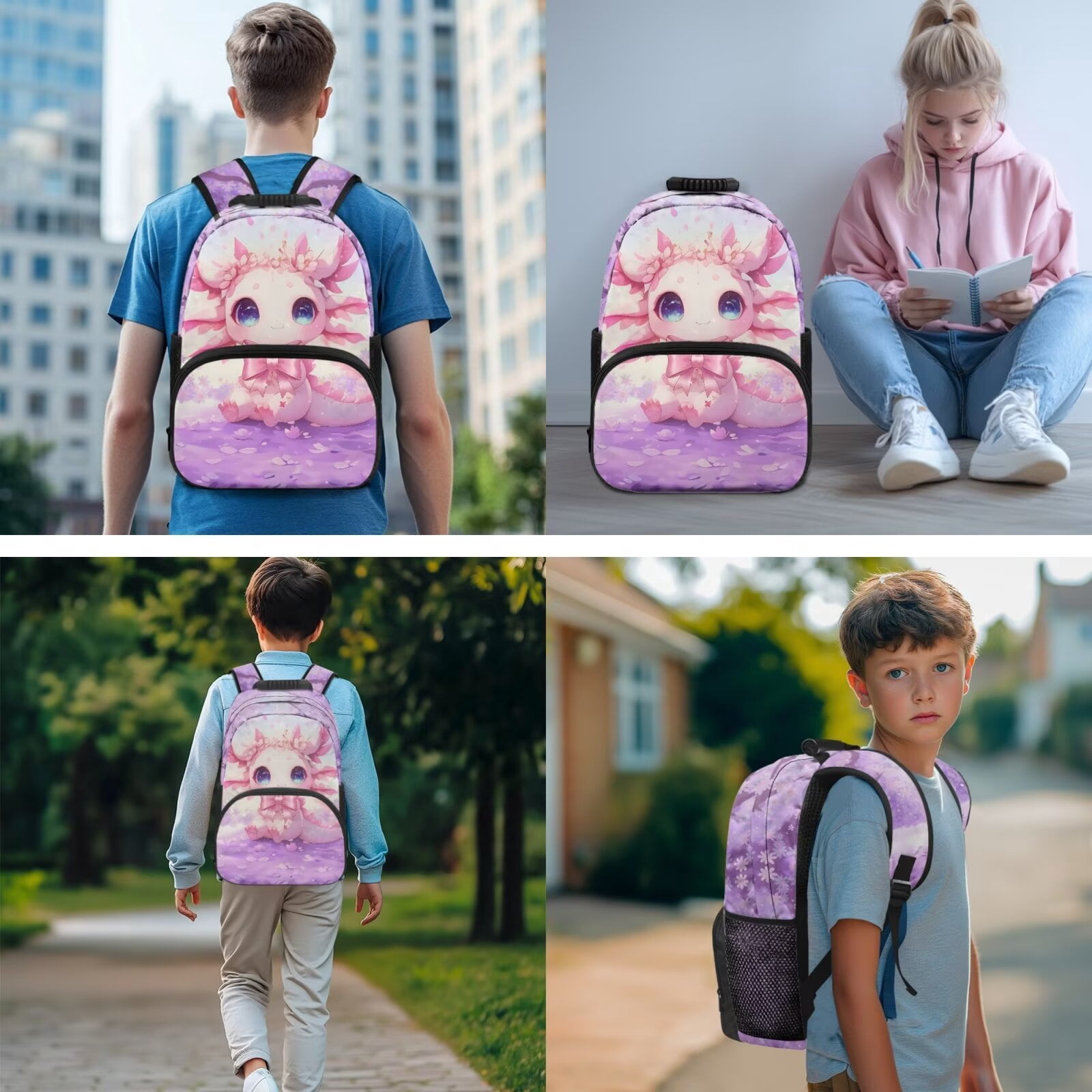 Pzuqiu Cherry Blossom Axolotl Backpack for Girls 4 Piece School Bookbag with Lunch Bag Lightweight School Bag for Girls 10-12 Elementary Backpack with Pencil Box 2pcs Bookmark