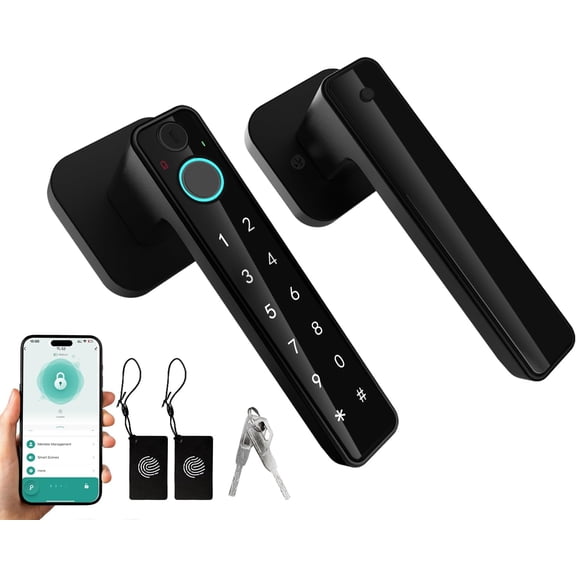 5-in-1 Fingerprint Door Lock,Keyless Entry Digital Knob, App Control, Card and Key, Biometric Door Knob with Handle, Easy to Install for Exterior, Interior, Doors