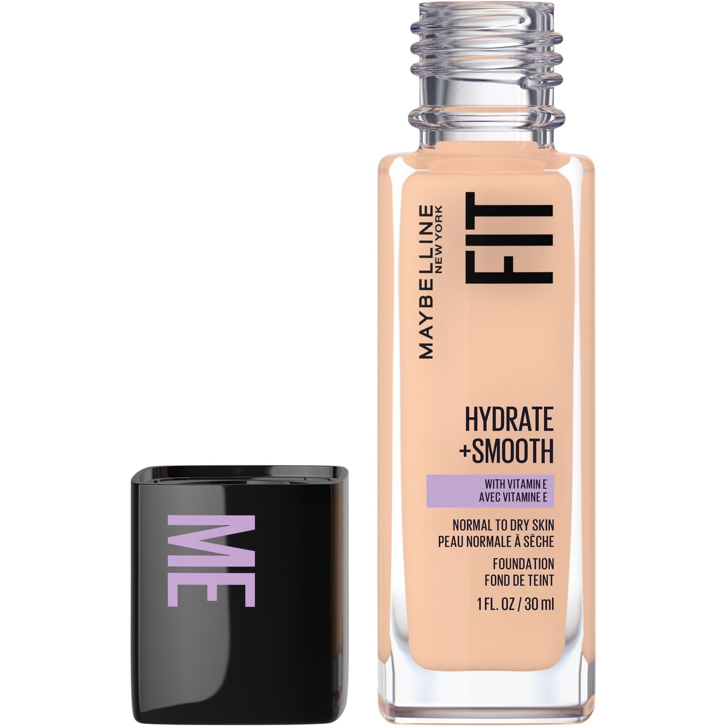Maybelline New York Fit Me Fond de teint Hydrate + Lisse, fini naturel et lumineux, hydratant, couvrance moyenne, peaux normales à sèches