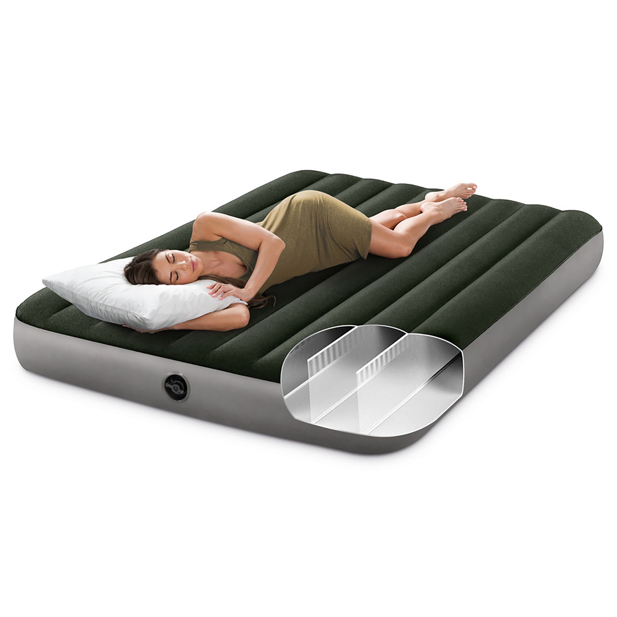 Intex: Dura-Beam: Downy Airbed - Queen - Green, 10" Inflatable Mattress, Built-In Foot Pump, Fiber-Tech, Carry Bag, Indoor-Outdoor, 600lb Cap, 64763E