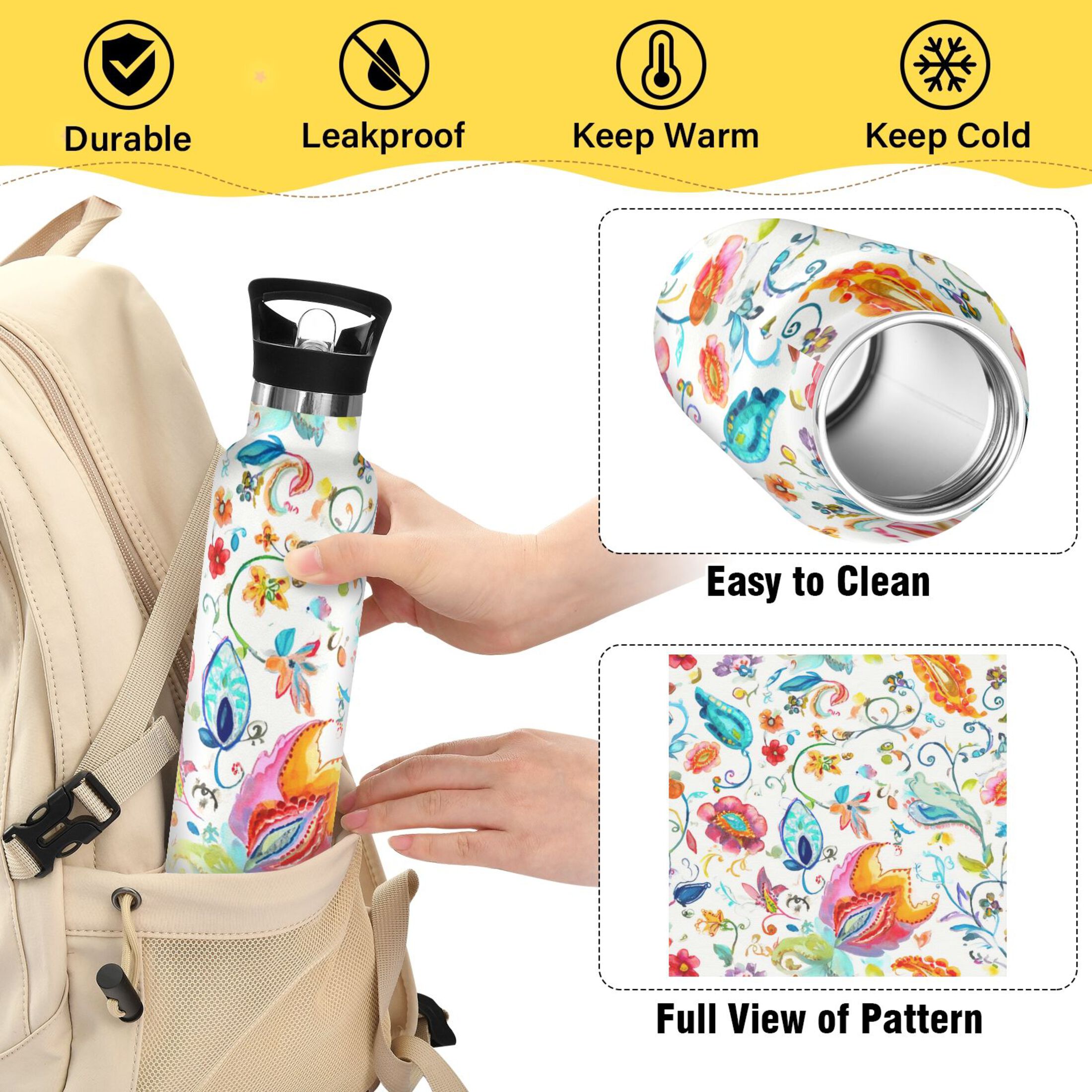 Kids Insulated Stainless Steel Sports Water Bottle 600ml (20oz) Watercolor Colorful Floral