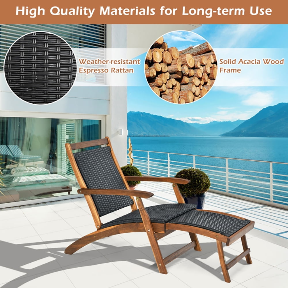 Aimee Lii Patio Rattan Folding Lounge Chair with Acacia Wooden Frame Retractable Footrest, Patio Loungers Aimee Lii Patio Rattan Folding Lounge Chair with Acacia Wooden Frame Retractable Footrest, Patio Loungers