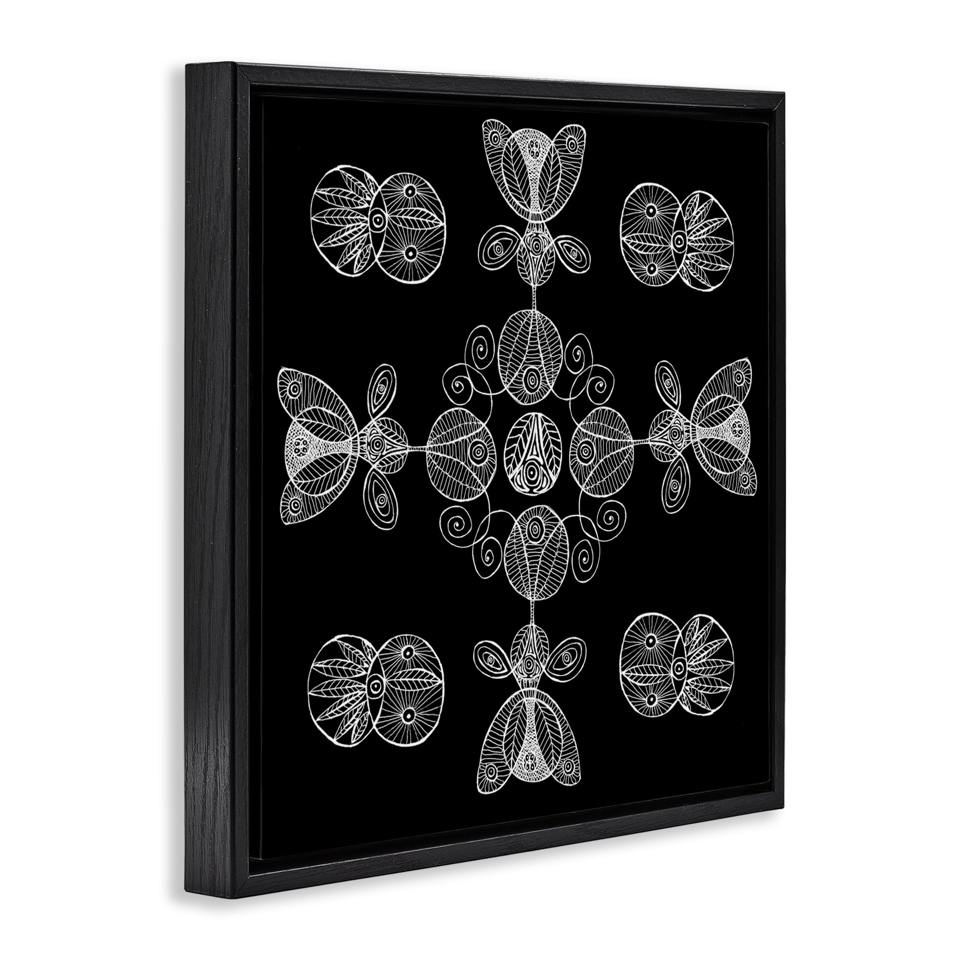 Stupell Industries Black & White Elemental Fractals Black Framed Floater Canvas Wall Art, design by El Perkin