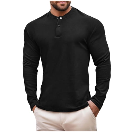 FAWUUDO Men s Solid Color Crew Neck Button Detail Dralon Long Sleeve T-shirt Top Base Layer Tops Versatile XL Black