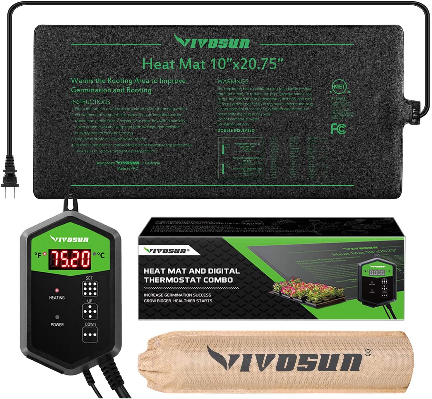 VIVOSUN 2 Pack Durable Waterproof Seedling Heat Mat Warm Hydroponic Heating Pad 10 x 20.75 Inch Soil Tester 3-in-1 Plant Moisture Meter Light and PH Tester 