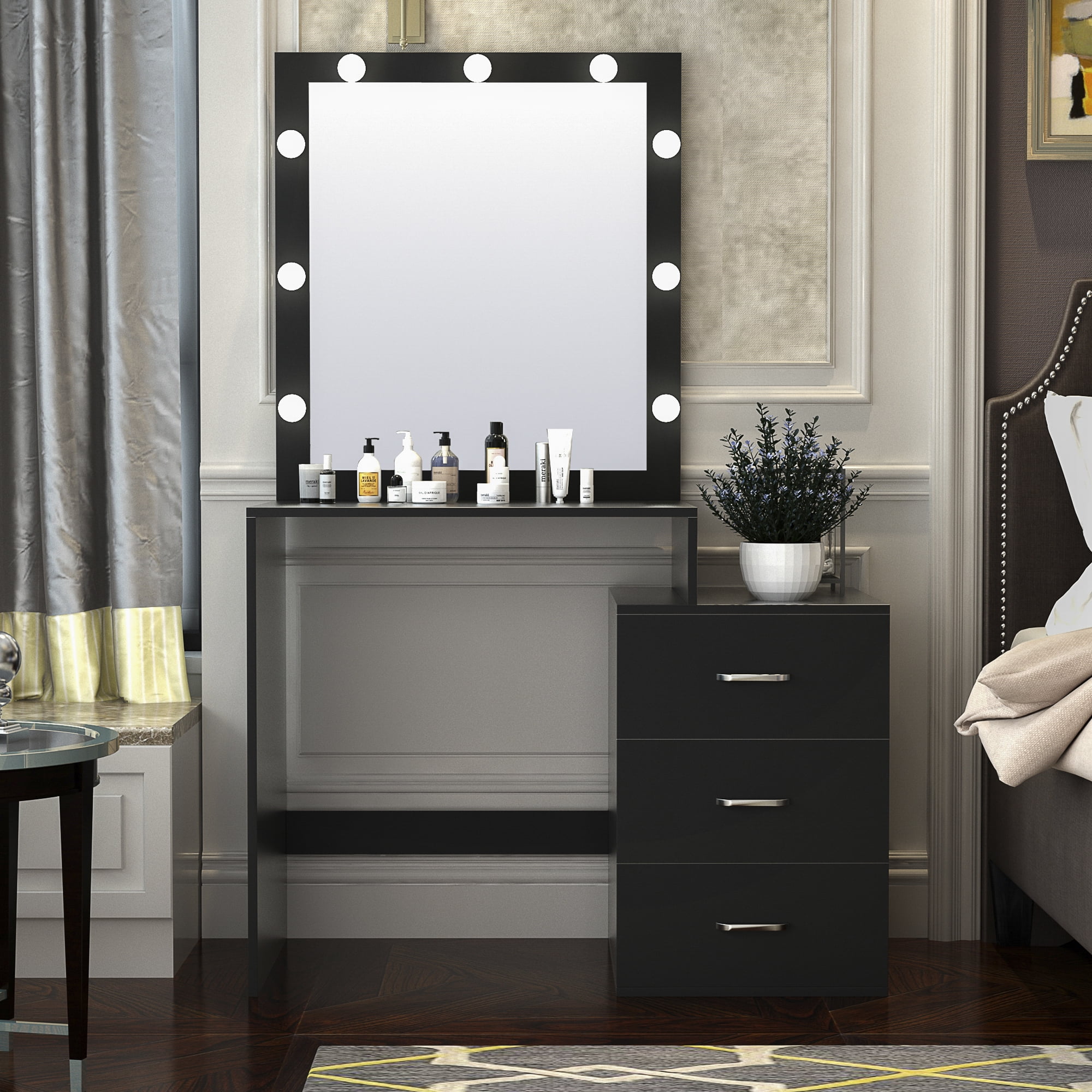 White Dressing Table Stool Luxury Mirror Drawers Vanity Mecor Bedroom Makeup Set 
