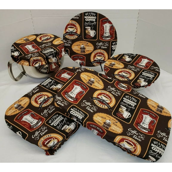 Morning Coffee Reusable Fabric Bowl and Casserole Pan Covers by Penny's Needful Things (3 Bowl Covers)