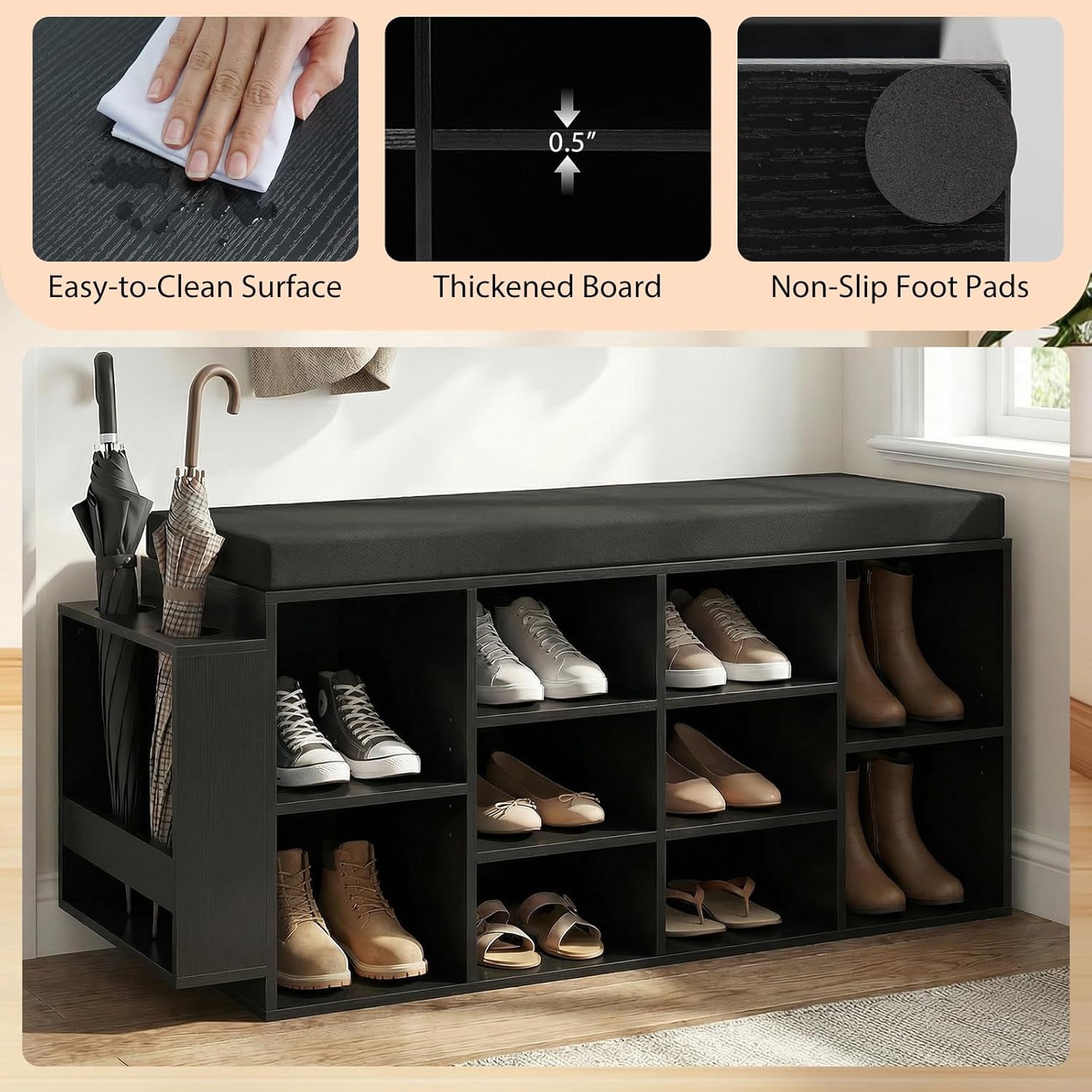 Shoe Storage Bench with Umbrella Holder, 40" Shoe Organizer with Cushioned Seat, 10 Cubbies & Adjustable Shelves, Wooden Industrial Shoe Rack for Entryway, Living Room, Bedroom