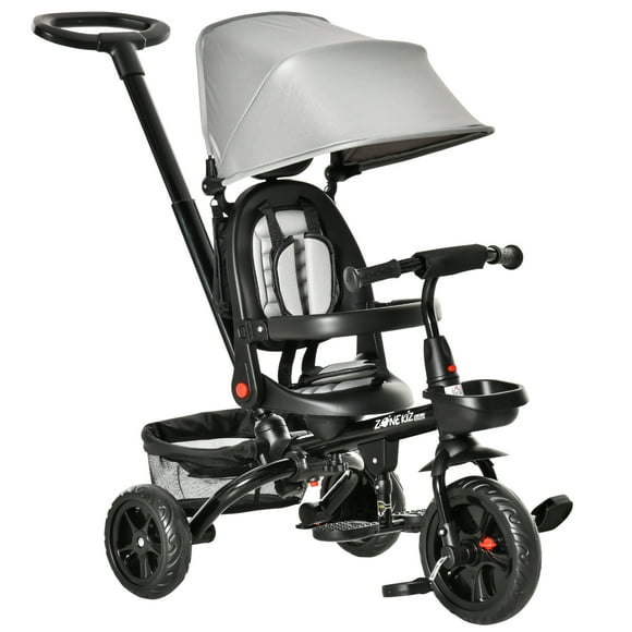 Qaba Baby Tricycle 4 In 1 Trike w/ Reversible Angle Adjustable Seat Removable Handle Canopy Handrail Belt Storage Footrest Brake Clutch for 1-5 Years Old Grey