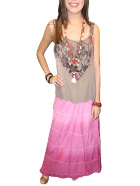 Mogul Women's Maxi Skirt Solid Pink Cotton Elastic Waist Boho Chic Skirts
