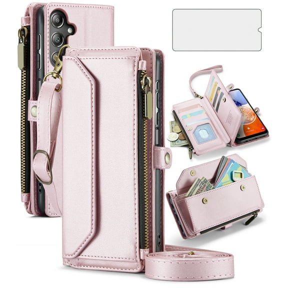 Asuwish Compatible with Samsung Galaxy A14/M14 5G Zipper Wallet Phone Case Tempered Glass Screen Protector Crossbody Lanyard Strap Flip Card Holder Slot Cell Cover for A 14 4G 14A 14M Women Rose Gold