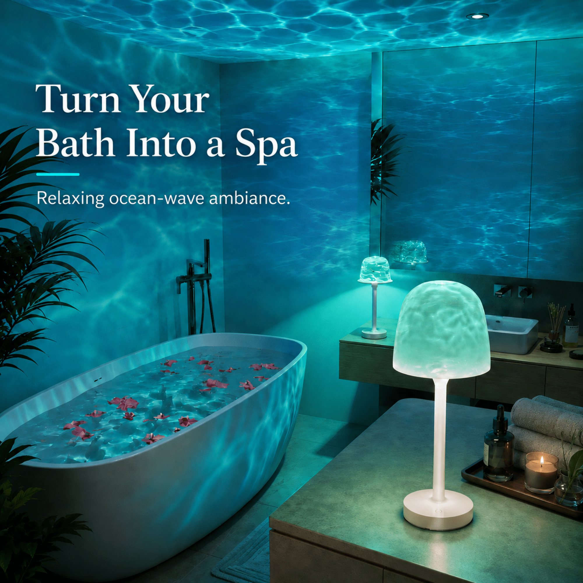 MEHOOM 16 Color Ocean Wave Shower Lamp, Waterproof Table Lamp with Projector, Rechargeable Small Lamp with Touch & Remote Control, Cordless Lamp for bedroom Bathroom