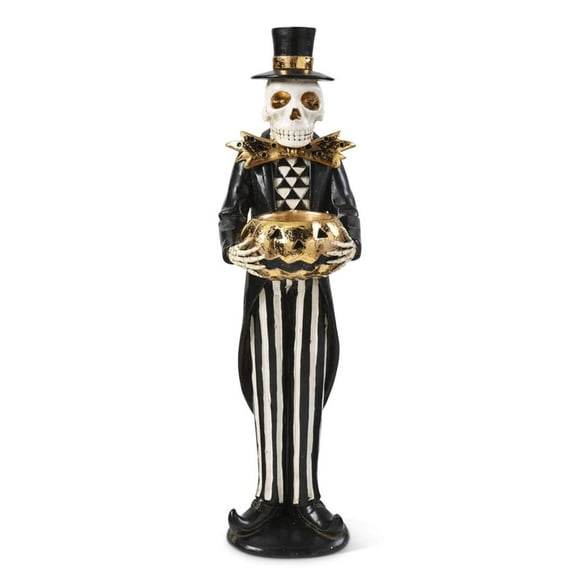 K&K Interiors 13-Inch Skeleton Holding Gold Jack O’ Lantern – Black & White Halloween Decoration