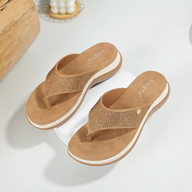 Sandalias Sandalias Mujeres Rhinestone Beach Shoes Anti-Slip Summer Arch (38) Brown