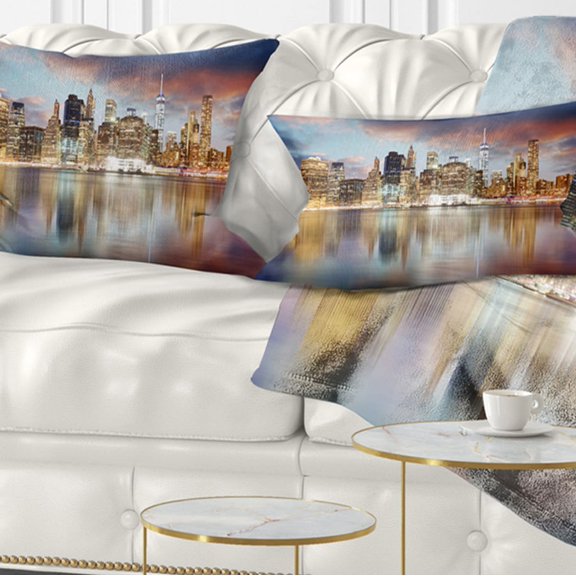 Designart New York Skyline at Sunrise with Reflection. - Cityscape Throw Pillow - 12x20