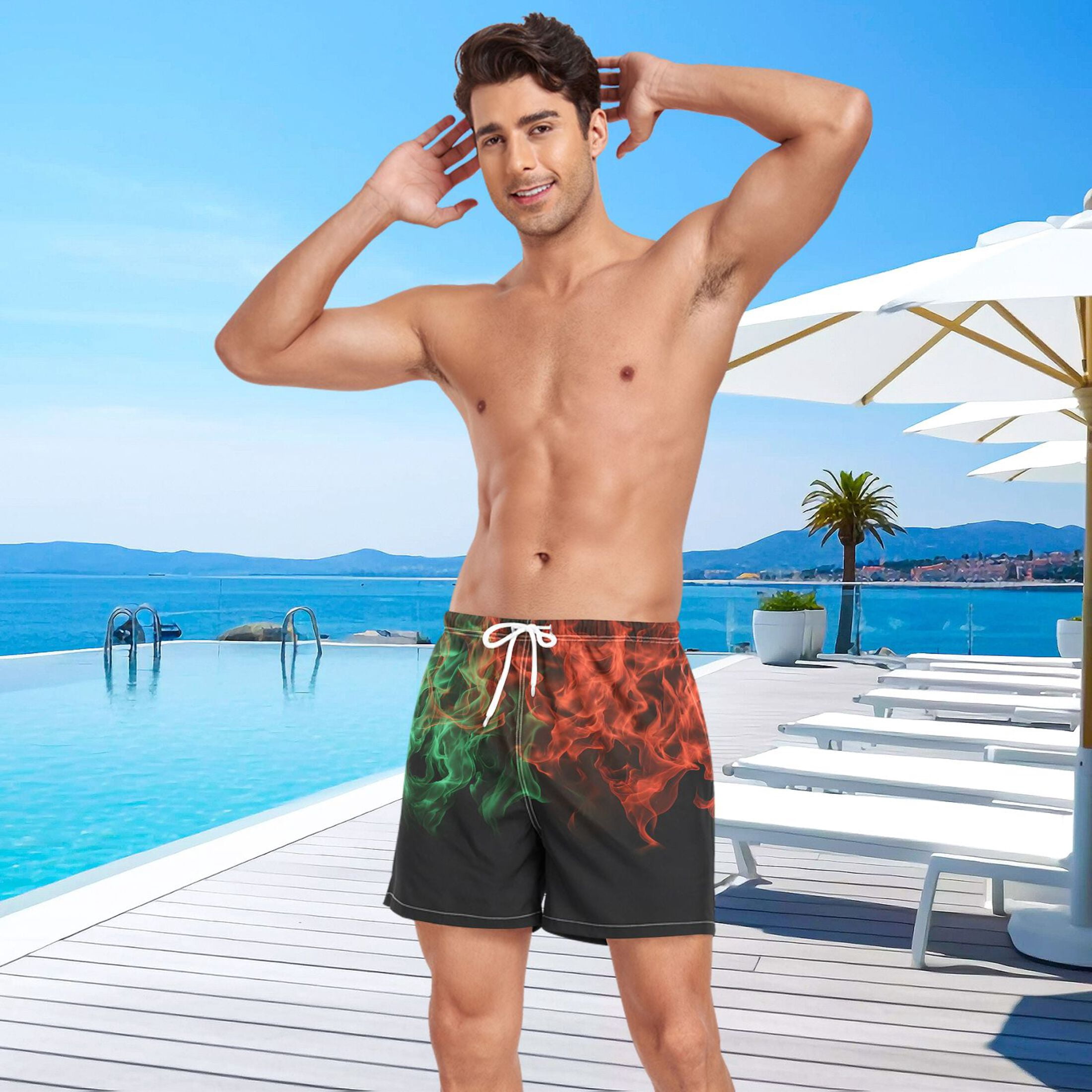 joogoo Men's Red Green Flames Swim Trunks with Liner Pocket Beach Shorts Large