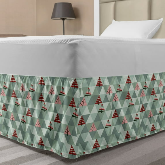 Grey Bed Skirt, Abstract Geometrical Theme Retro Illustration of Triangles Trees Print, Elastic Bedskirt Dust Ruffle Wrap Around for Bedding Decor, 4 Sizes, Coral and Reseda Green, by Ambesonne
