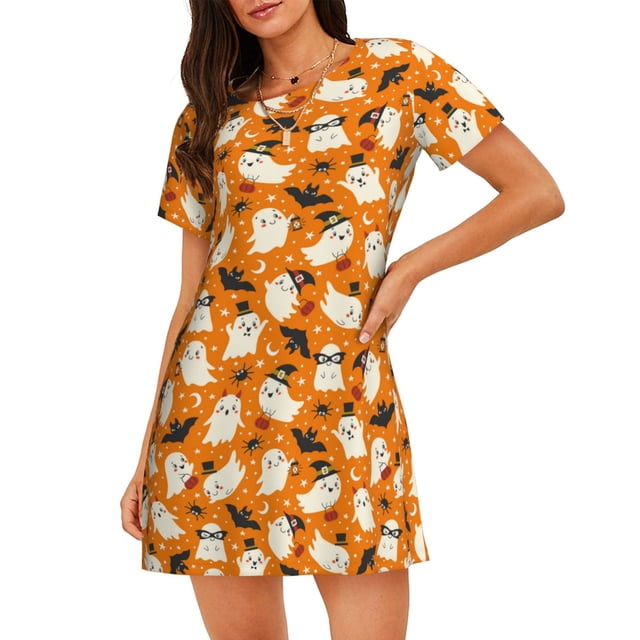 Fotbe Cute Ghosts Bata de Dormir para Mujer con Estampado, Camisón de Algodón de Manga Corta, Ropa de Dormir Casual