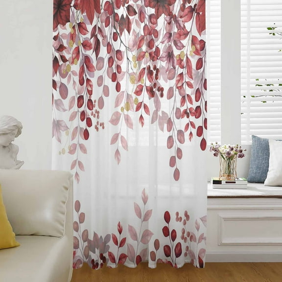 Red Eucalyptus Leaves Semi Sheer Curtains Drapes for Living Room, Bedroom, French Doors Window 96 Inches Long, Summer Botanical Weeping Rod Pocket Chiffon Curtain Drapery Voile Draperies Panel