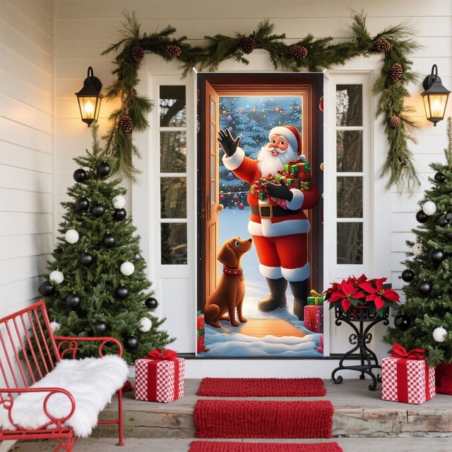 Funda Navideña para Puerta - Diseño de Papá Noel - 89 X 180 Cm - Decoración para Fiestas Navideñas | Tela de Poliéster Resistente - Fácil Instalación - Apta para Puertas Estándar
