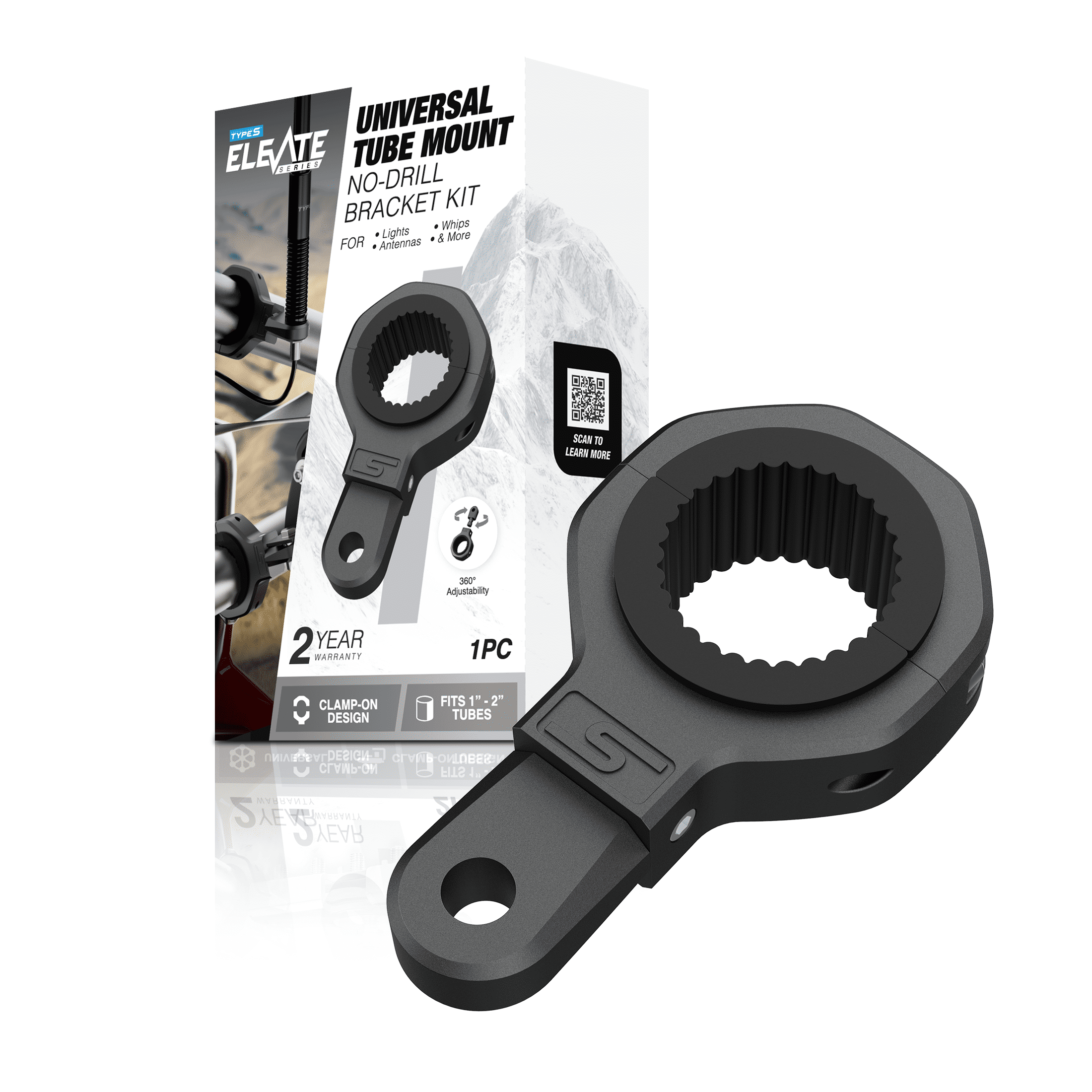 TYPE S Universal Tube Clamp Mount, No-Drill Bracket for 1” to 2” Tubes, Black, 1 Piece