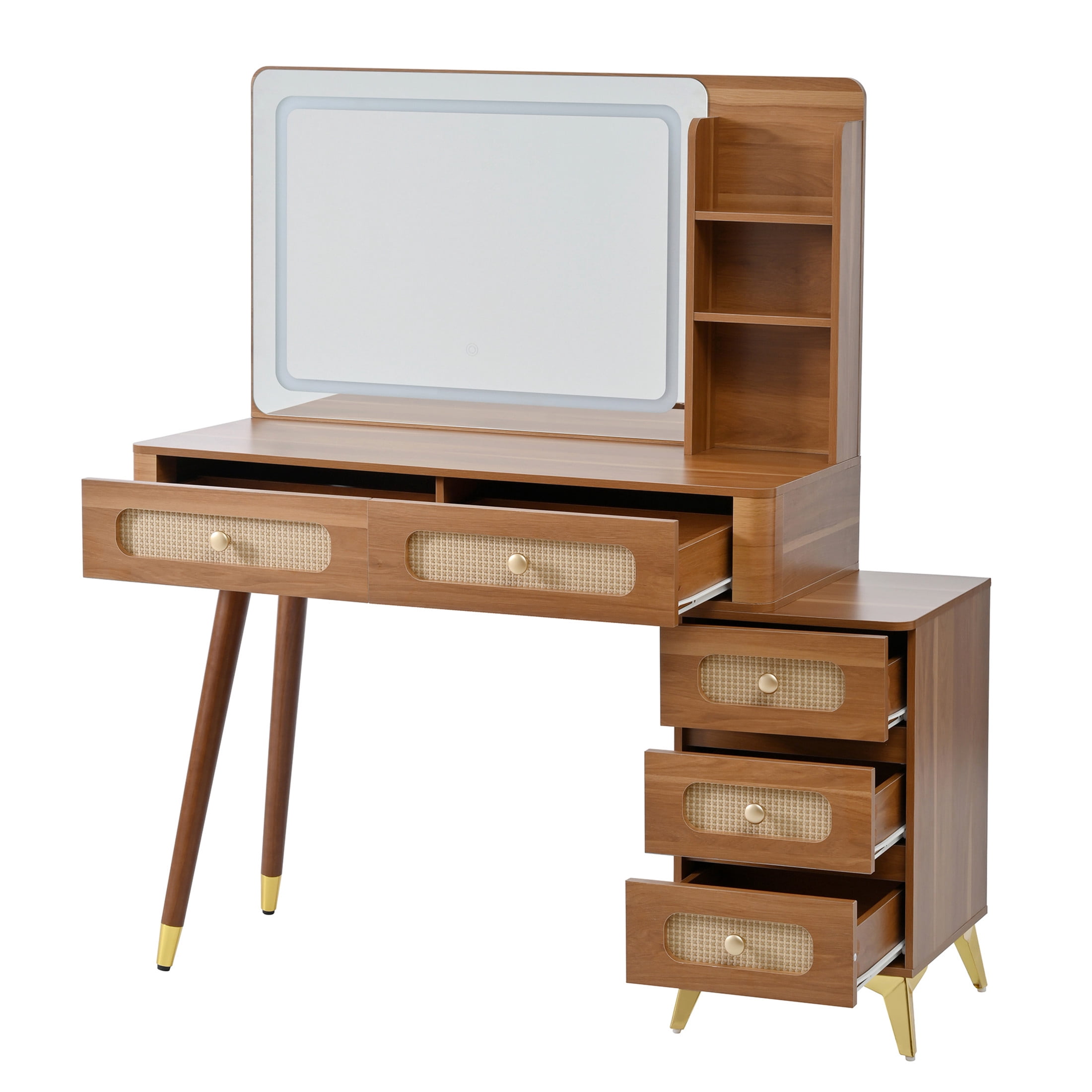 Noble House 47" Vintage Makeup Vanity with Lighted Mirror, Makeup Desk with 5 Storage Drawers, Upper Shelf,Walnut