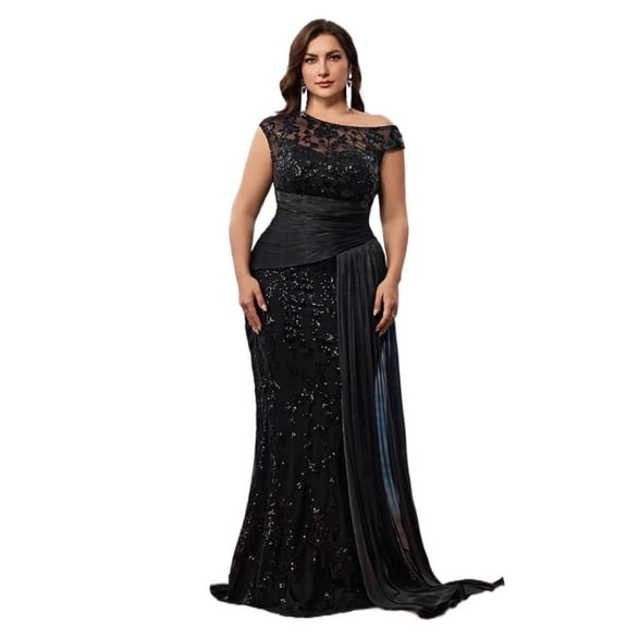 AURA Plus Size Evening Dress Sequin V Neck Sleeveless Party Long Slim Fit Polyester Summer