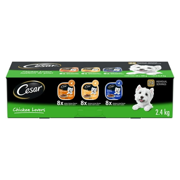 CESAR Classic Loaf in Sauce Wet Dog Food Chicken Lovers Variety, 8 Grilled Chicken Flavour, 8 Chicken & Liver Recipe, 8 Chicken & Veal Recipe trays 24 Pack