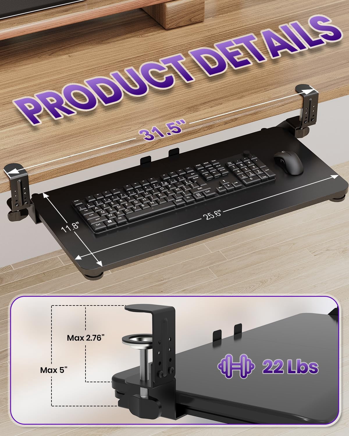 Tray Under Desk  Pull Out With Adjustable C-clamp 25.6 (31.5 Including Clamps) X 11.8 Inch Slide Computer Drawer Mouse For Typing Large & Black