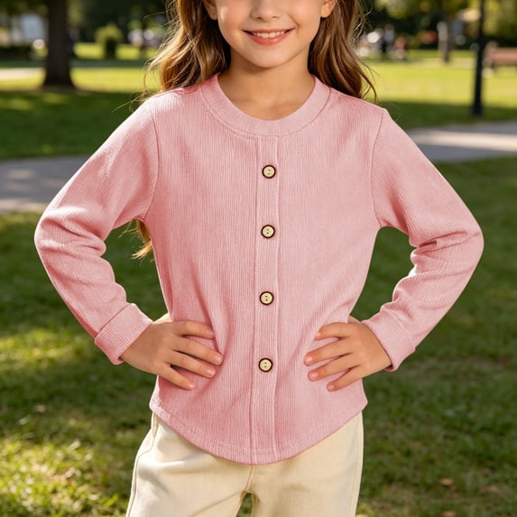 akafmk Cardigan for Girls Lightweight Ribbed Knit Cardigans Crew Neck Button Front Solid Color Casual Fall Outfits, Size 4-5 Years