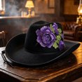 thumbnail image 3 of EOYWHK Men Western Rose Embroidered Cowboy Hat Wide Brim Felt Cowgirl Hat with Adjustable Chin Strap for Western Party Costume, Purple, 3 of 5