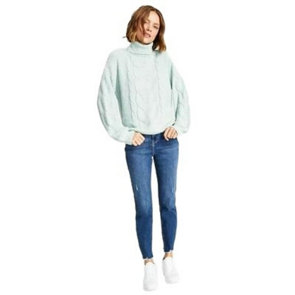 Hippie Rose Juniors’ Cable-Knit Turtleneck Sweater, Mint Freeze, Large
