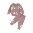 thumbnail image 2 of Aojekbee Toddler 3D Bow Girls Set Long Sleeve Round Neck Sweatshirt Elastic Waist Long Pants 2-Piece Waffle Outfits, 2 of 10